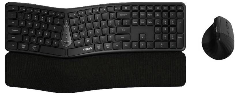 Schwarze ergonomische Splittatatur mit Handgelenkauflage und einer passenden schwarzen kabellosen Maus auf weißem Hintergrund.