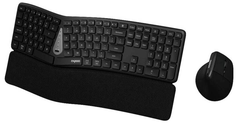 Kabelloses ergonomisches Tastaturset mit geteiltem Layout, gepolsterter Handgelenkstütze und passendem schwarzem Maus auf weißem Hintergrund.