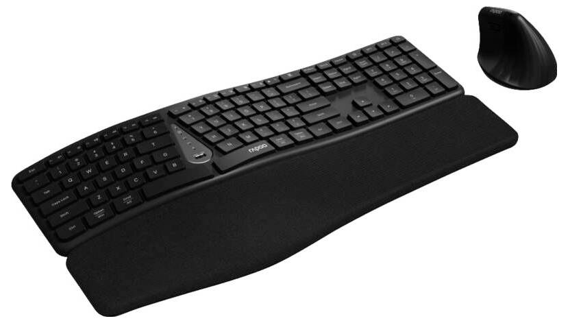 Schwarze ergonomische geteilte Tastatur mit integrierter Handgelenkstütze und separater Maus auf weißem Hintergrund.