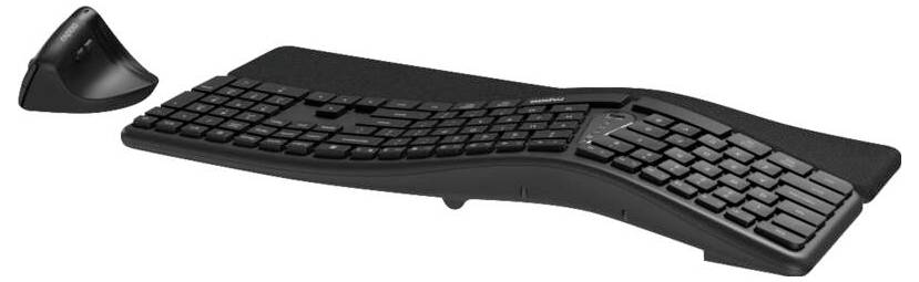 Ergonomische geteilte Tastatur mit separatem geneigtem Eingabepad, entwickelt zur Reduzierung von Handgelenkbelastung.