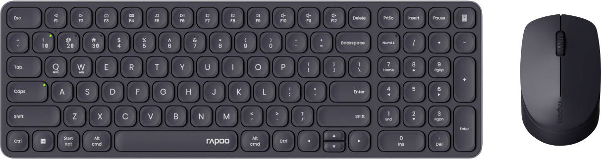 Kabelloses schwarzes Tastatur- und Mausset auf weißem Hintergrund, zeigt eine Vollgröße-Tastatur mit Zahlenblock und eine kompakte Maus.
