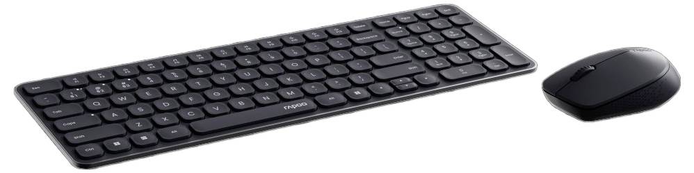 Schwarze kabellose Tastatur und Maus auf weißem Hintergrund.