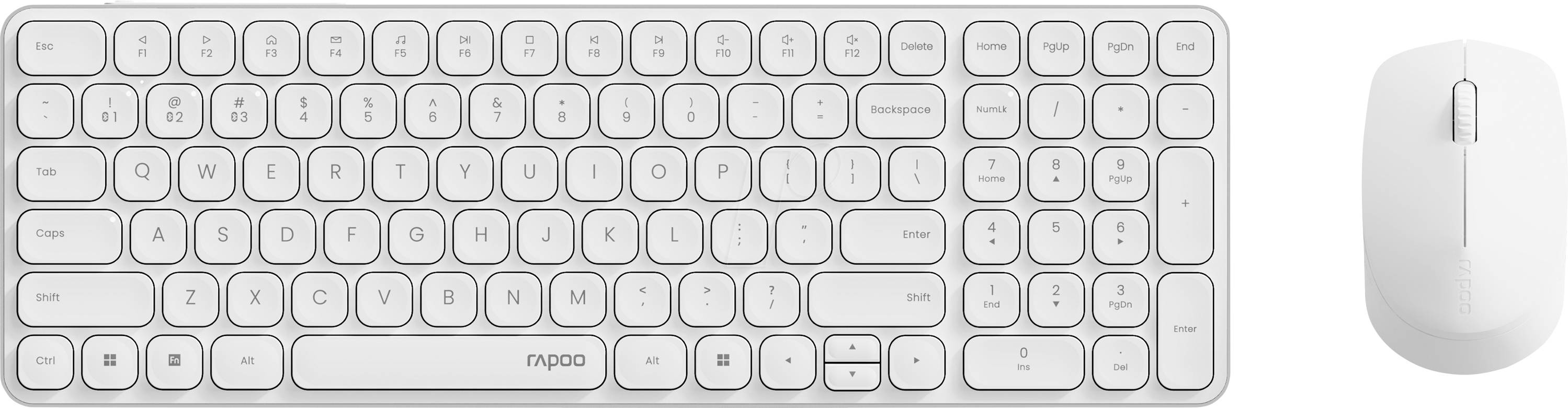 Weißes kabelloses Tastatur- und Mausset mit kompakter Tastatur und Maus nebeneinander auf hellem Hintergrund angezeigt.