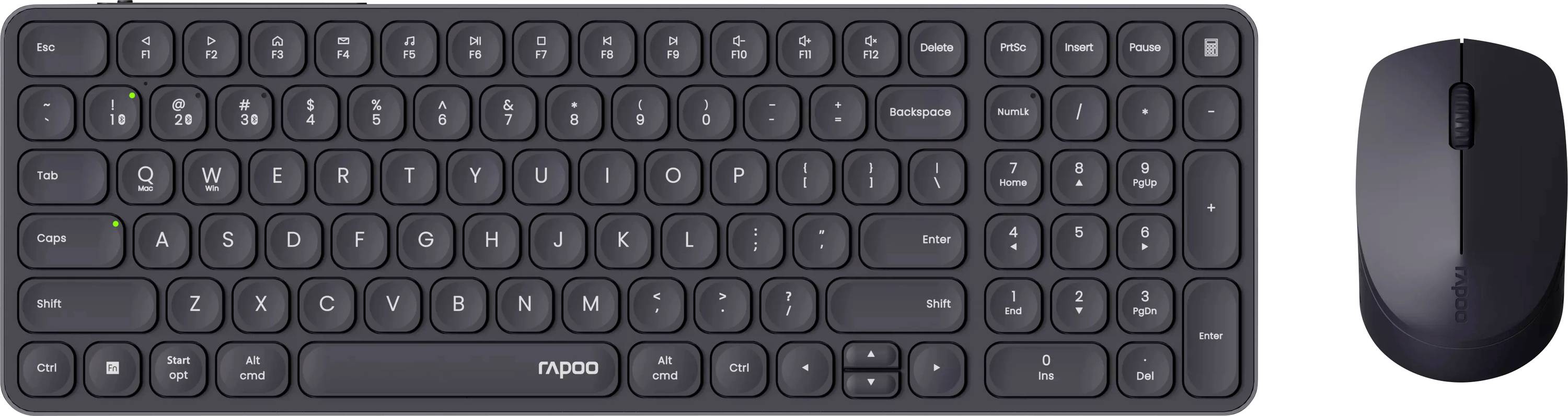 Kabelloses Rapoo Tastatur- und Mausset in Dunkelgrau, nebeneinander auf weißem Hintergrund abgebildet.
