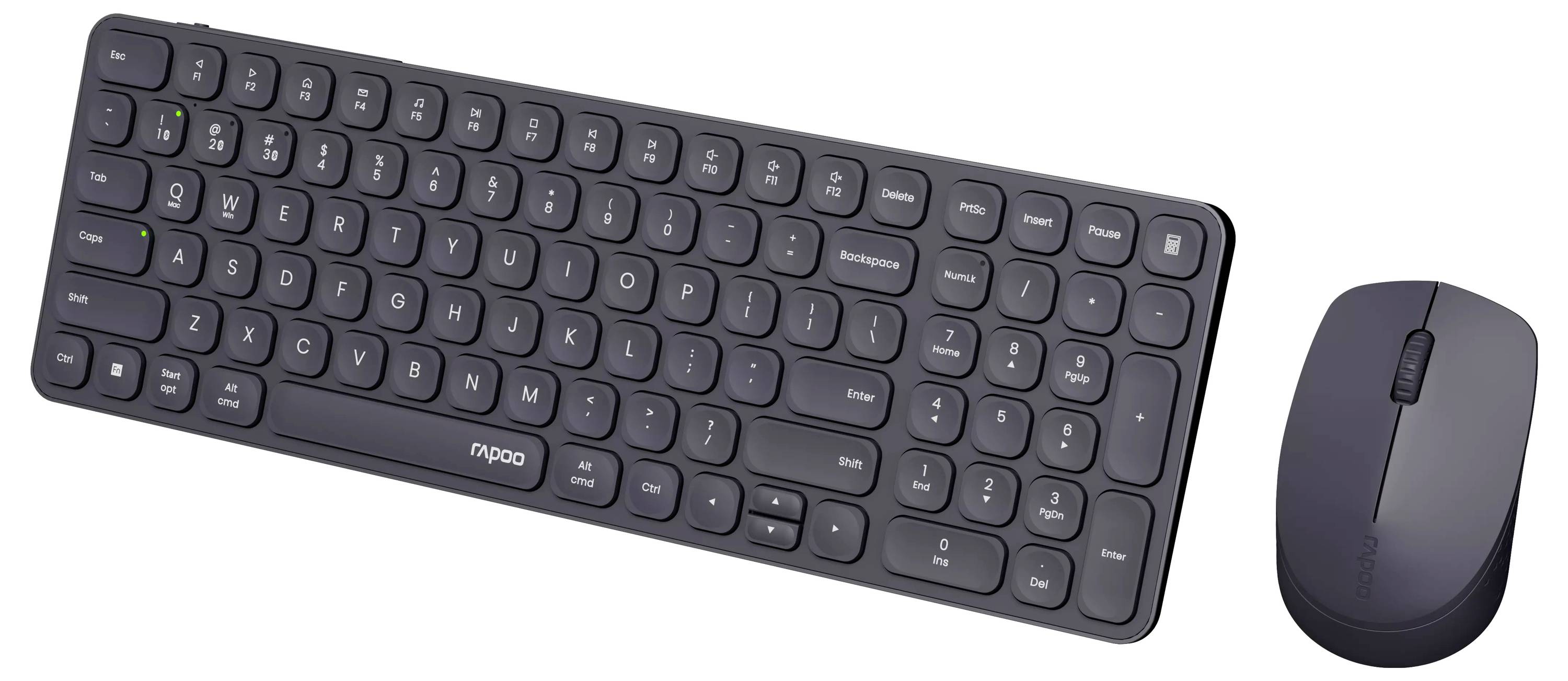 Kabelloses Tastatur- und Mausset in Dunkelgrau, auf weißem Hintergrund abgebildet.
