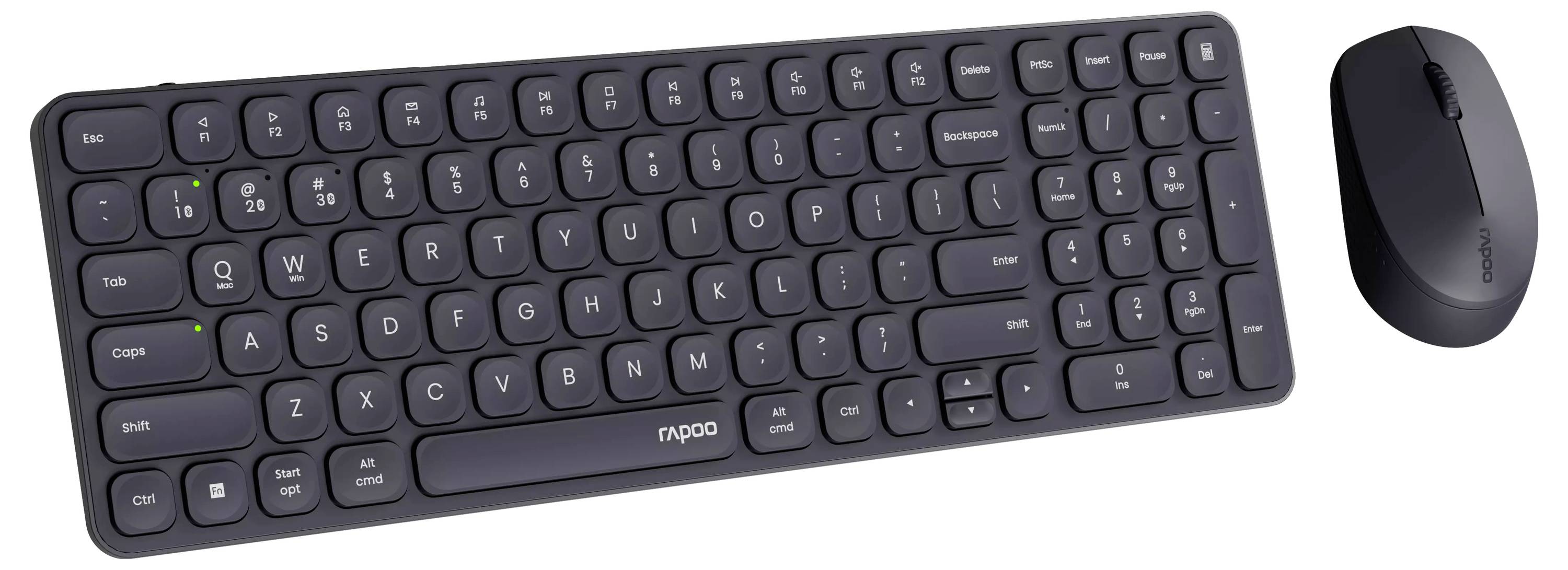 Kabelloses schwarzes Tastatur- und Mausset auf weißem Hintergrund, mit der Tastatur schräg neben der Maus angeordnet.