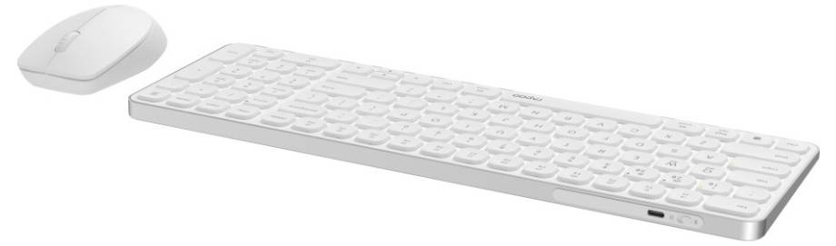 Kabellose weiße Tastatur und passende Maus auf einfachem hellem Hintergrund, zeigt ein Computereingabeset.