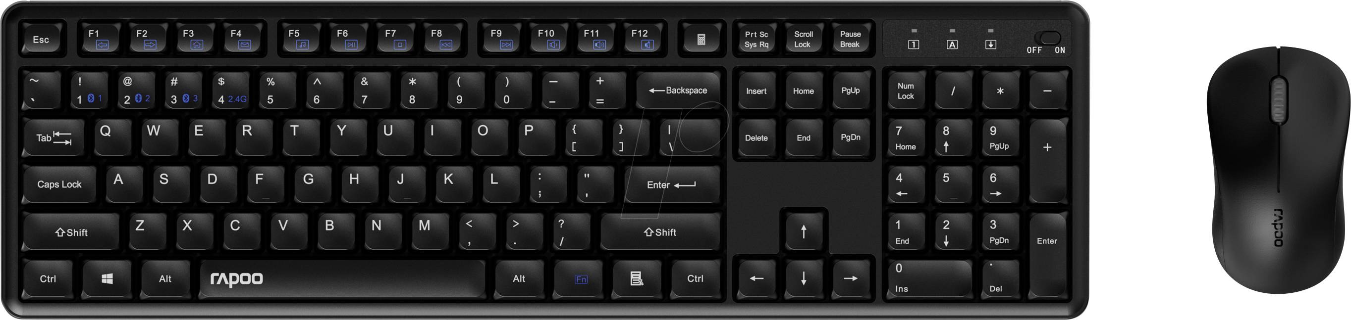 Ein schwarzes kabelloses Rapoo-Tastatur- und Mausset mit Vollgrößen-Tastatur und kompakte Maus nebeneinander auf weißem Hintergrund dargestellt.