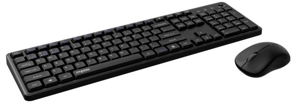 Schwarze kabellose Tastatur und Maus im Set auf weißem Hintergrund.