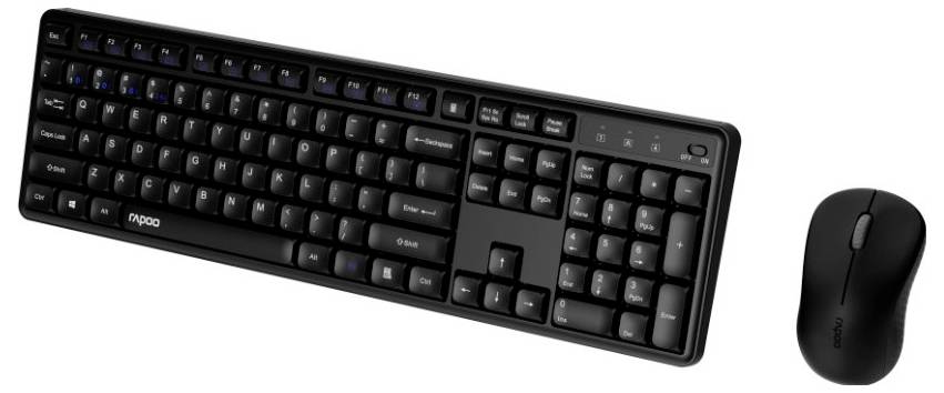 Schwarze kabellose Rapoo-Tastatur mit Ziffernblock und passende schwarze Maus auf weißem Hintergrund.
