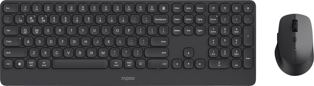 Schwarzes kabelloses Tastatur- und Mausset, das auf weißem Hintergrund dargestellt ist, mit der Tastatur auf der linken Seite und der Maus auf der rechten Seite.