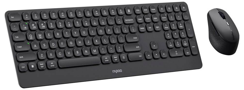 Kabellose schwarze Tastatur und passende Maus, nebeneinander auf weißem Hintergrund dargestellt.