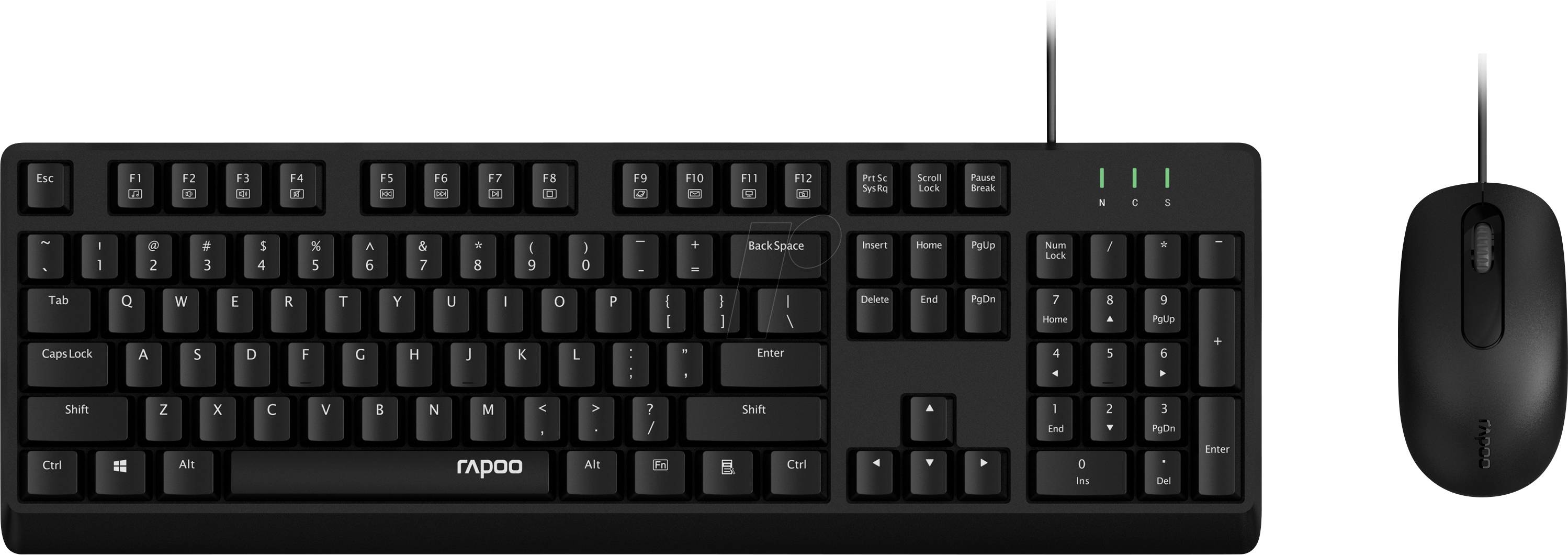 Schwarze Rapoo-Vollgrößen-Tastatur mit Kabel und numerischem Tastenfeld, abgebildet neben einer kabelgebundenen Maus, Produktfoto auf weißem Hintergrund
