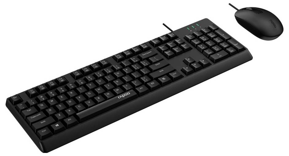 Schwarzes kabelgebundenes Tastatur- und Mausset auf weißem Hintergrund, dargestellt in einem produktstilisierten Bild.