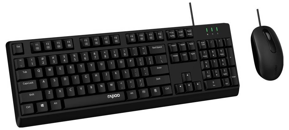 Schwarzes schnurgebundenes Tastatur- und Mausset mit Nummernblock auf weißem Hintergrund dargestellt.