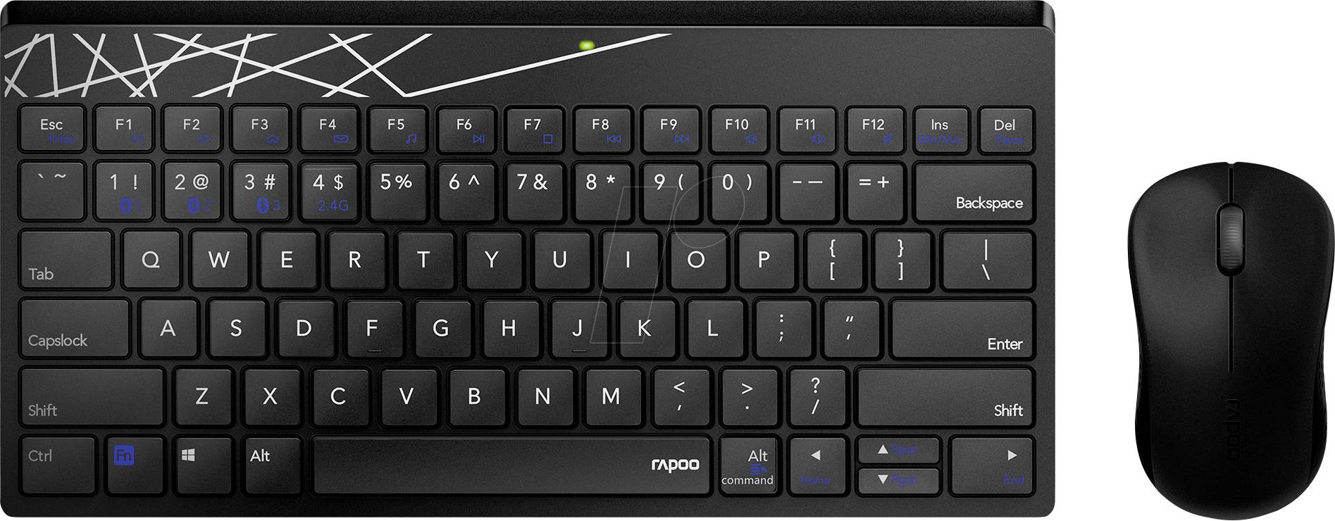 Kabelloses Tastatur- und Mausset: kompakte schwarze Tastatur mit Zahlenreihe und eine schwarze Maus daneben.