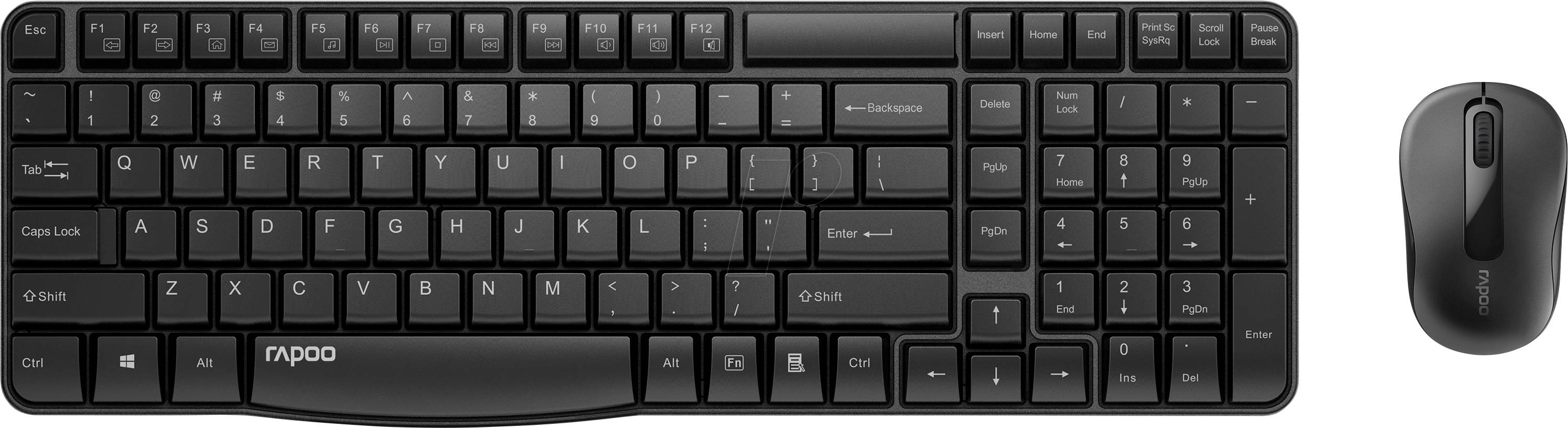 Schwarze Rapoo-kabellose Tastatur in Vorderansicht mit einer passenden schwarzen kabellosen Maus daneben auf weißem Hintergrund.