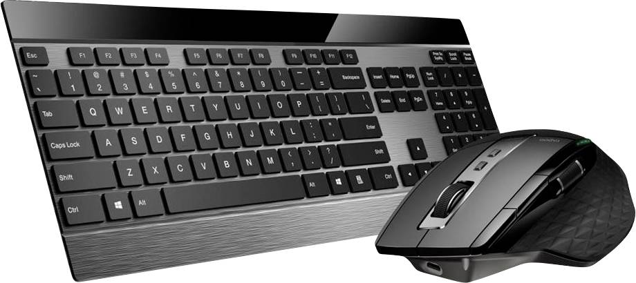 Kabellose Tastatur und ergonomische Maus auf weißem Hintergrund.
