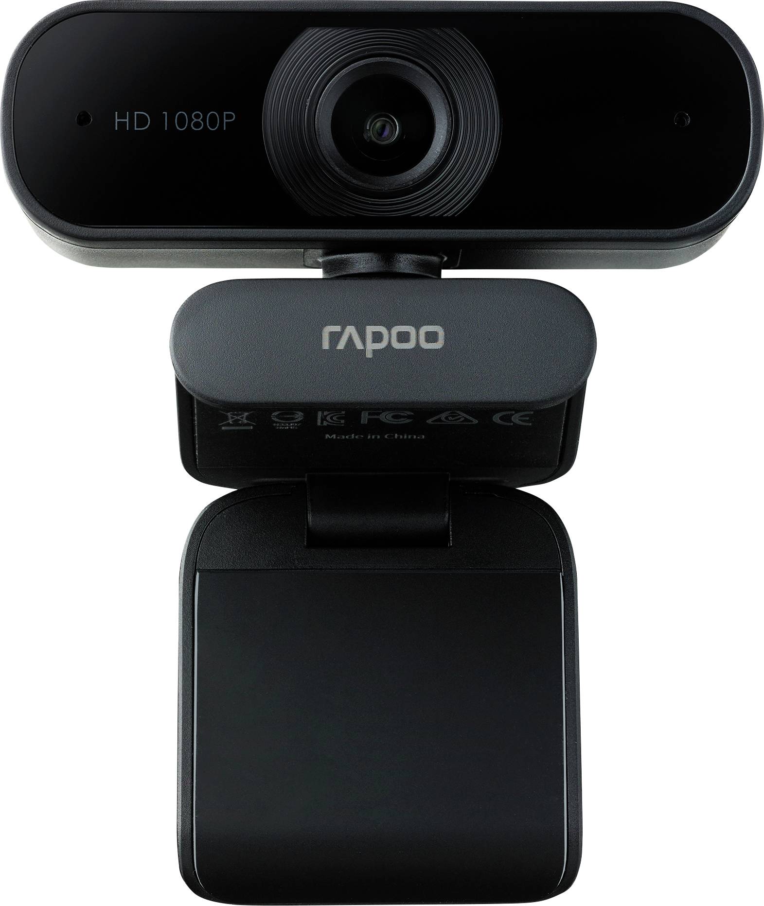 Schwarze Rapoo HD 1080P Webcam mit zentralem Objektiv und klappbarem Datenschutzbügel auf einem Clip-Ständer vor weißem Hintergrund