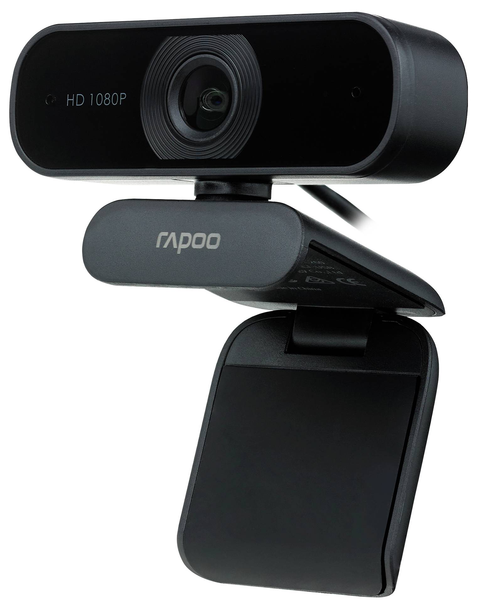 Schwarze Rapoo HD 1080P Webcam mit aufklippbarem Datenschutzschutz, vor weißem Hintergrund dargestellt.