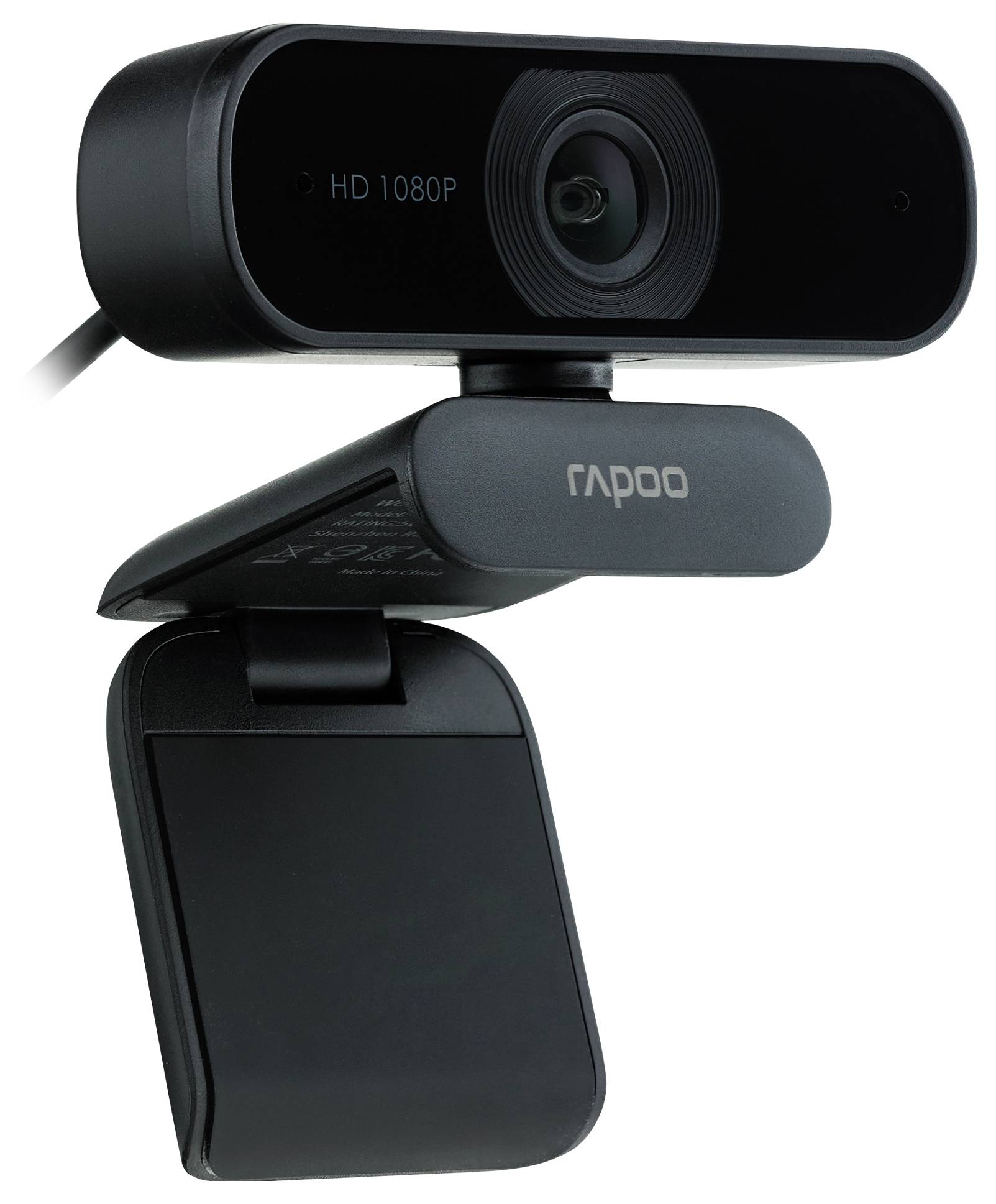 Schwarze Rapoo HD 1080P Webcam mit Clip-Halterung und Datenschutzabdeckung, dargestellt auf weißem Hintergrund.