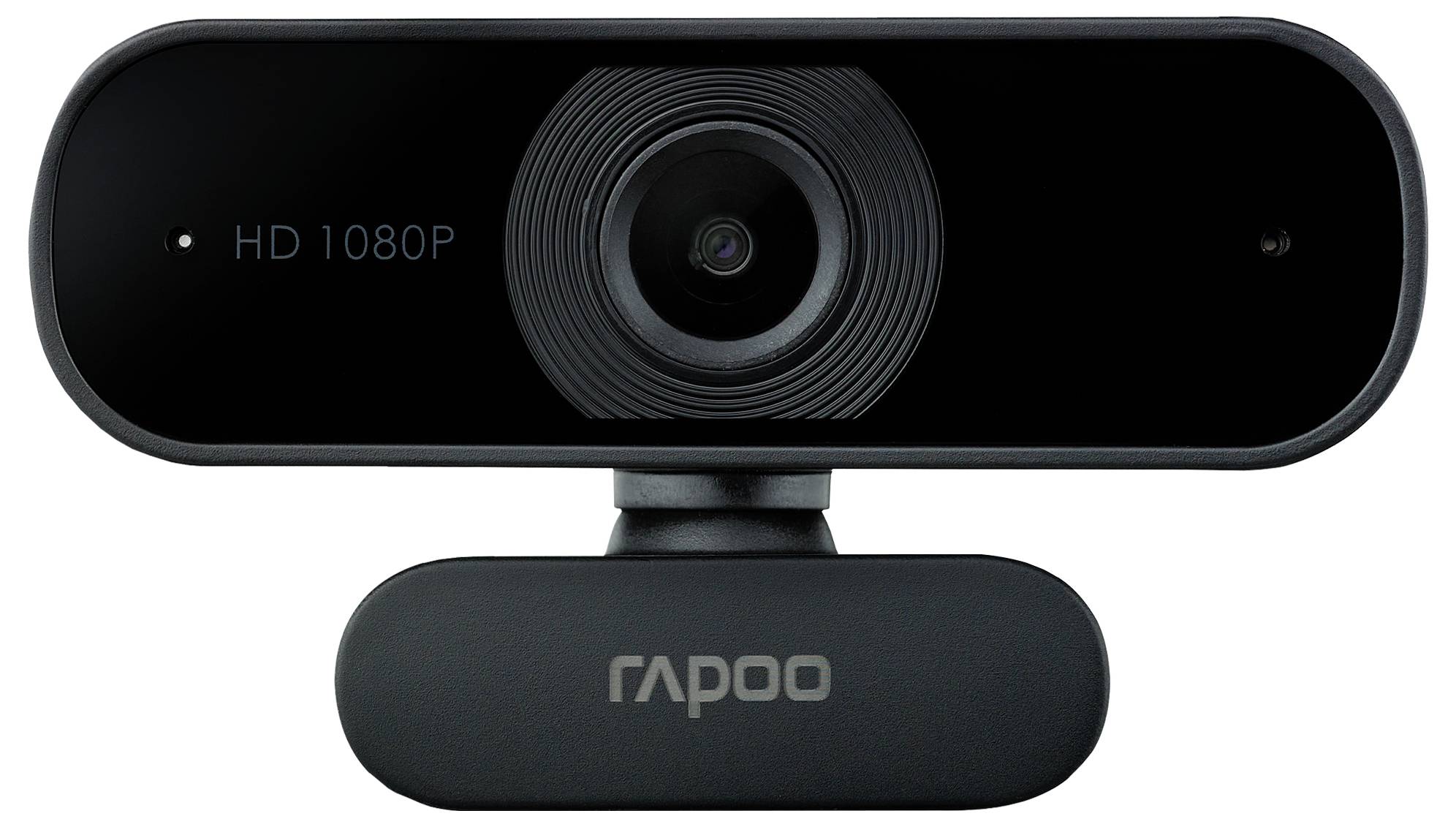 Schwarze Rapoo HD 1080P Webcam mit zentrierter Linse und eingebautem Mikrofon, Vorderansicht auf weißem Hintergrund.