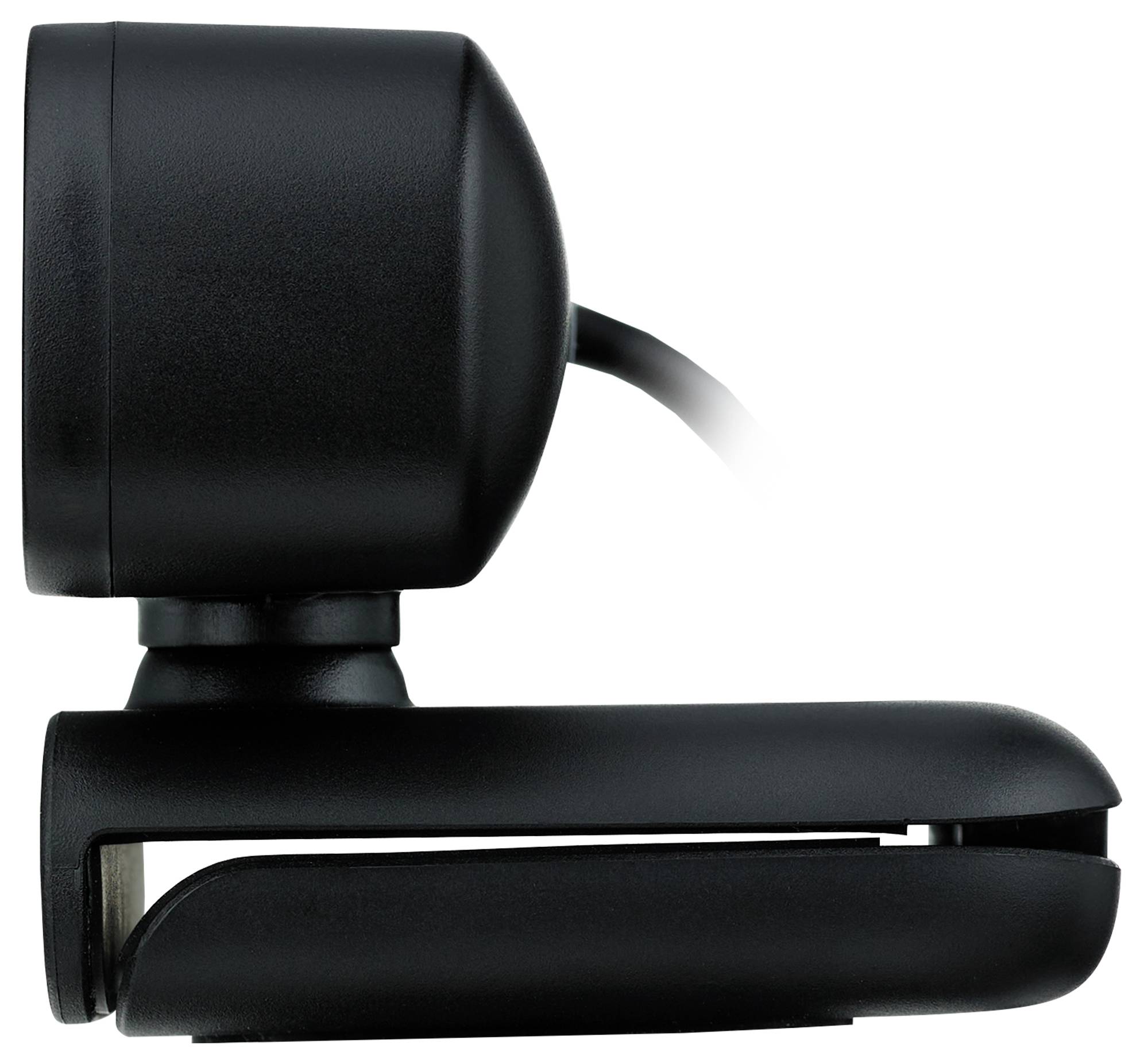 Schwarze Webcam mit Klemmenhalterung und USB-Kabel auf weißem Hintergrund.