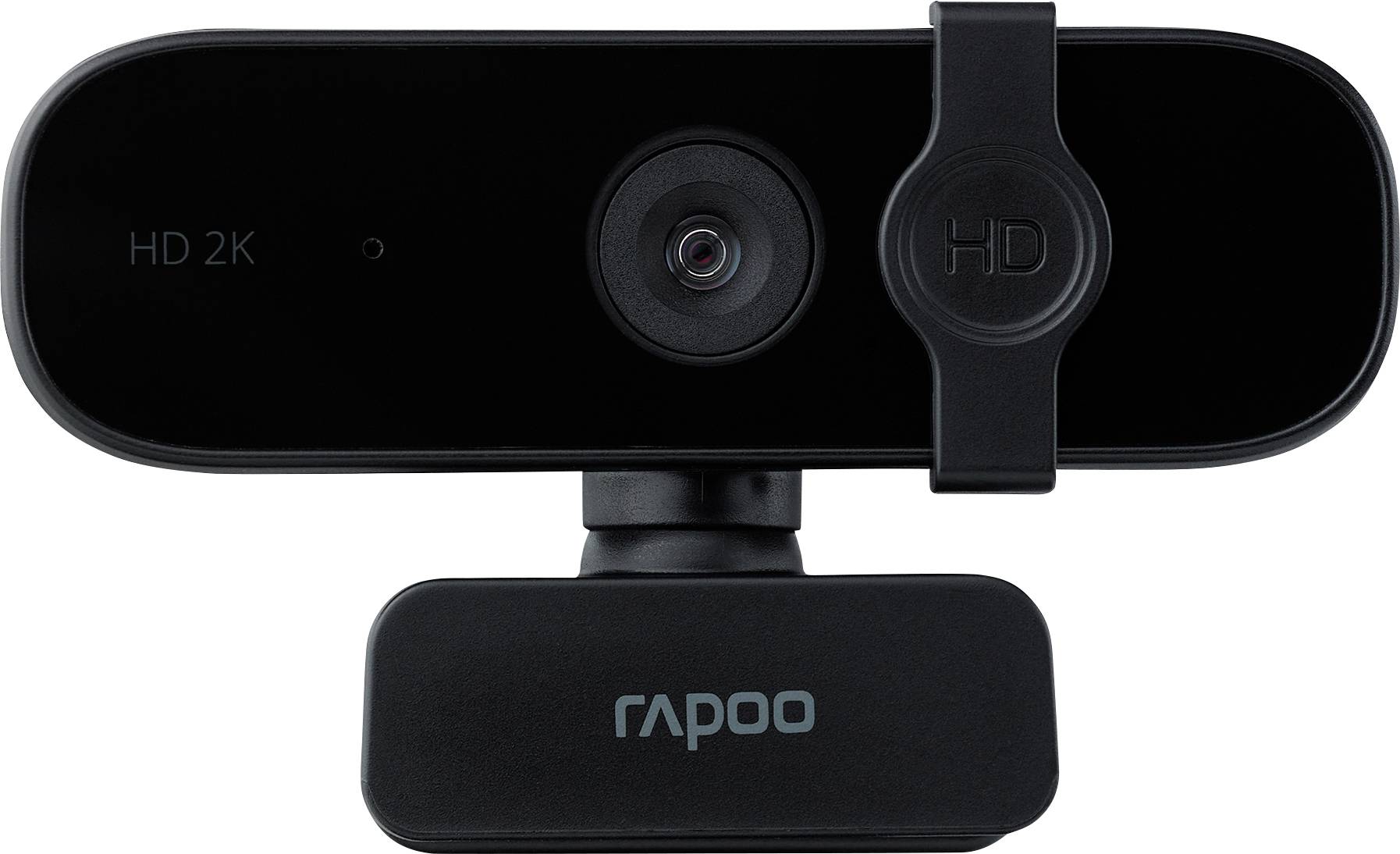 Schwarze Rapoo HD 2K Webcam mit Objektiv in der Mitte eines breiten rechteckigen Gehäuses und einem Datenschutz-Schieber; Logo sichtbar auf der Basis.