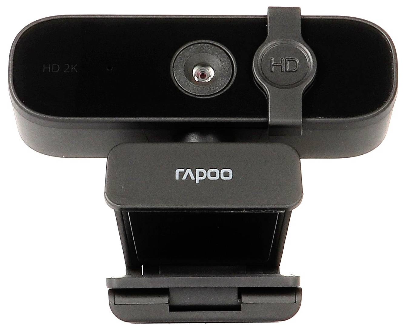 Schwarze Rapoo HD 2K Webcam mit integrierter Objektivabdeckung, Vorderansicht auf weißem Hintergrund dargestellt.