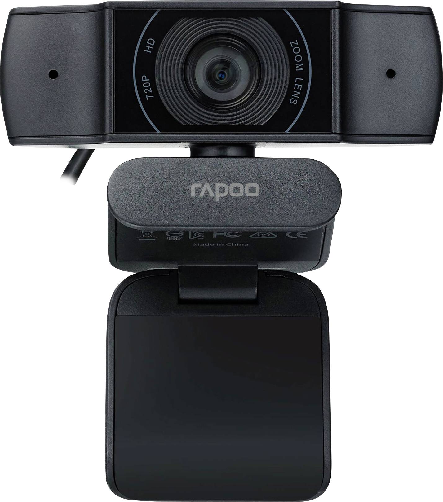 Schwarze Rapoo 720p HD Zoom-Objektiv-Webcam mit eingebautem Datenschutz-Schieber und Clip-Ständer.