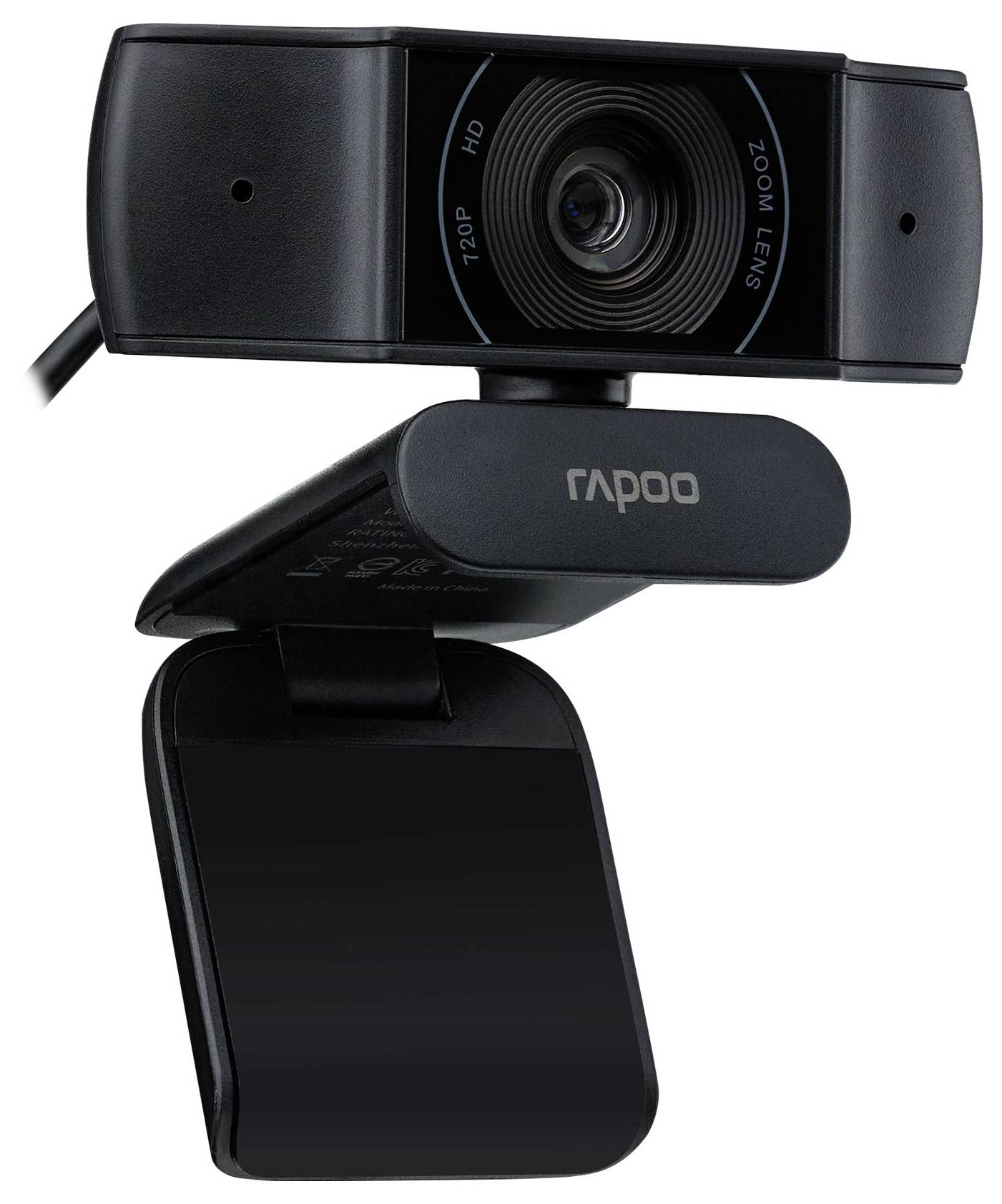 Schwarze Rapoo-Webcam mit zentraler Linse und angebrachtem Clip-Mikrofon, Vorderansicht auf weißem Hintergrund dargestellt.