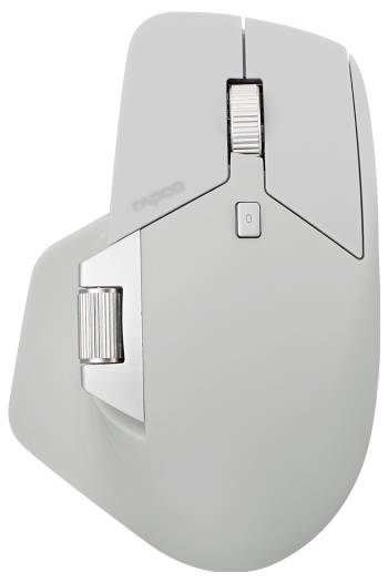 Graue ergonomische Computermaus mit einem vertikalen Daumenrad und zentraler Klicktaste auf weißem Hintergrund.
