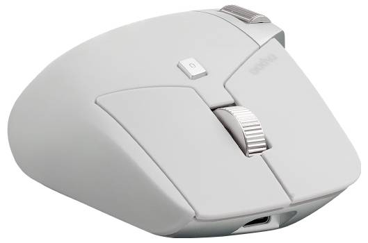 Weiße ergonomische kabellose Maus mit Scrollrad und oberen Tasten auf einfachem Hintergrund