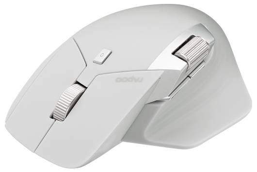Weiße ergonomische kabellose Maus mit Scrollrad und Seitentasten auf neutralem Hintergrund.