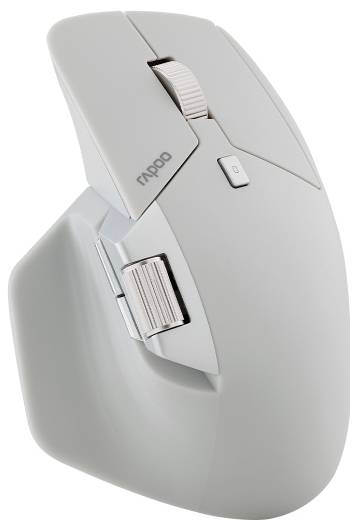 Graue ergonomische kabellose Maus mit Scrollrad, seitlichem Daumenrad und einer kleinen Taste oben, auf weißem Hintergrund dargestellt.
