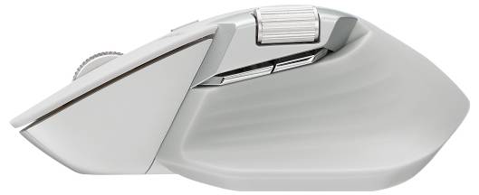 Silberne ergonomische Computermaus von der Seite betrachtet, mit sichtbarem Scrollrad und Daumentasten.