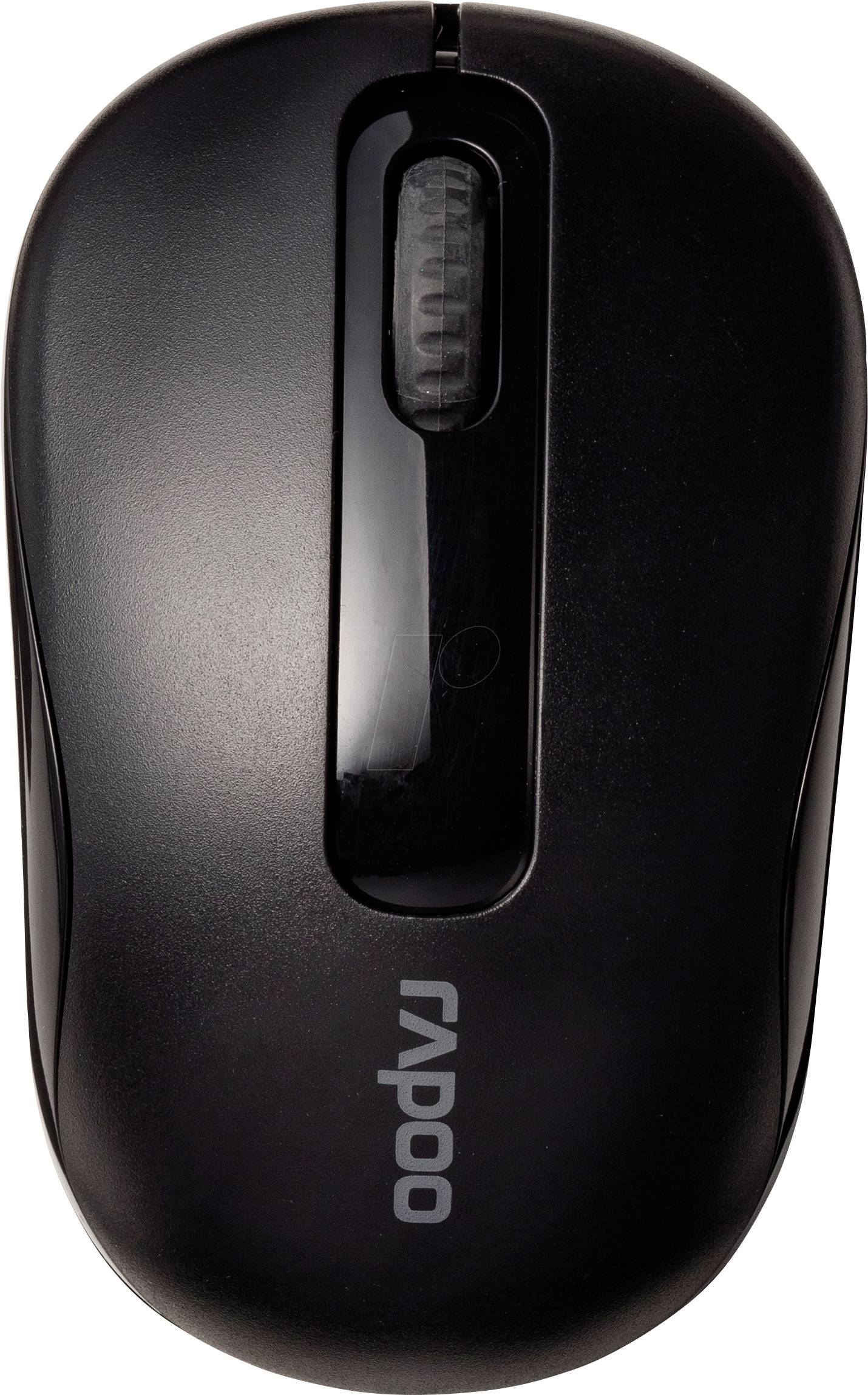 Schwarze kabellose Rapoo-Computermaus von oben dargestellt, mit zentralem Scrollrad und Logo in der unteren Hälfte.