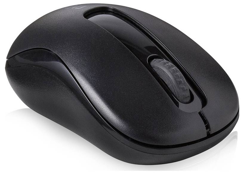 Schwarze kabellose Computermaus auf weißem Hintergrund, in einem Winkel dargestellt mit sichtbarem Scrollrad.