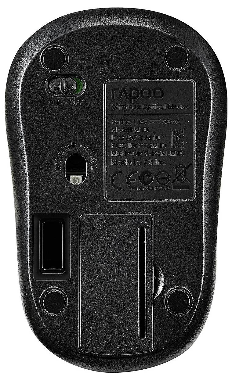 Unteransicht einer Rapoo-Funk-Optischen Maus mit Ein-/Ausschalter, Sensoröffnung, Batteriefach und Aufbewahrungsplatz für den USB-Empfänger.