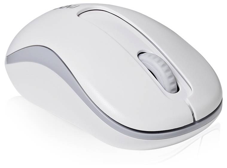 Weiße kabellose Computermaus mit Scrollrad, auf einfachem Hintergrund dargestellt.