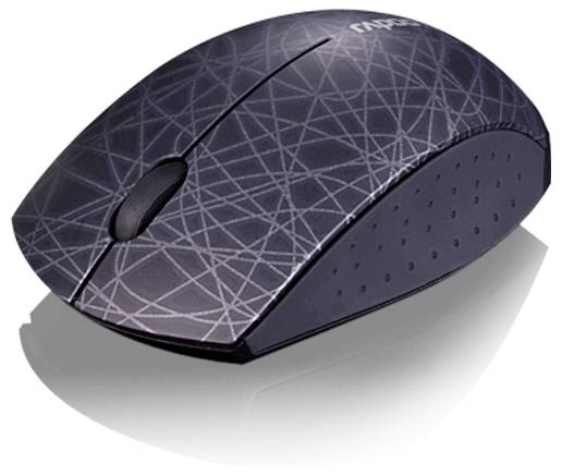 Schwarze kabellose Computermaus mit gemusterter Oberseite und Scrollrad, auf weißem Hintergrund dargestellt.