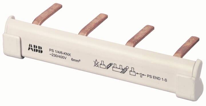 ABB PS 1/4-KNX Stromverteilungssammelschiene mit vier Kupferstiften, gekennzeichnet mit 230/400V und 6mm².