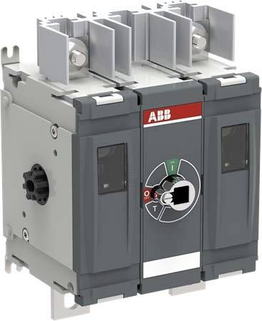 ABB Dreipolschalter mit schwarzem Gehäuse, silbernen Anschlüssen und zentralem Dreh-Ein-/Ausschalter.