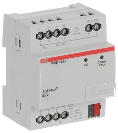 ABB i-bus KNX WZ/S 1.3.1.2 Elektromodul mit Anschraubklemmen, ON- und Comm. Error-Indikatoren sowie einem roten Schalter auf der Vorderseite.