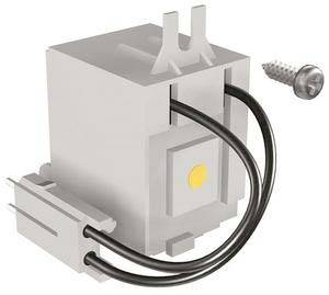 Grauer Elektrostecker oder Sensormodul mit zwei schwarzen Kabeln und einer separat daneben abgebildeten Schraube.