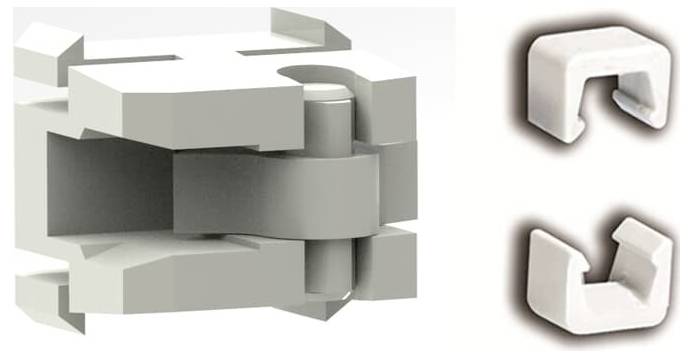 3D-Diagramm einer verborgenen Scharniereinheit, mit dem Scharnier geschlossen auf der linken Seite und zwei separate Scharnier teile auf der rechten Seite.