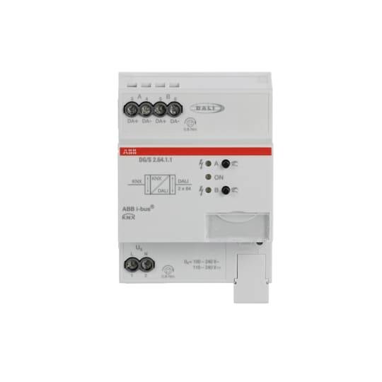 ABB i-bus KNX DALI-Gateway-Modul mit Anschlussklemmen und Status-LEDs auf weißem Hintergrund.