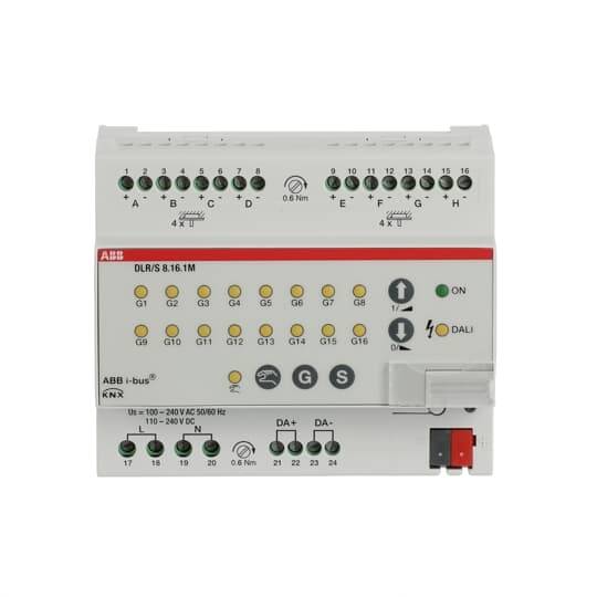 Vorderansicht eines ABB-Beleuchtungssteuermoduls DALI/KNX mit nummerierten Anschlüssen, Anzeige-LEDs und Ein-/Ausschaltern.