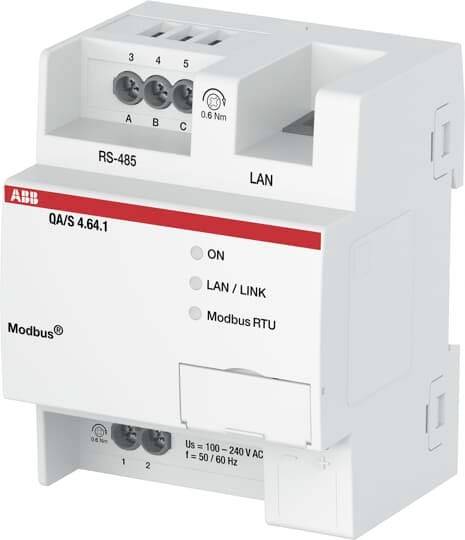 ABB QA/S 4.64.1 Modbus-Kommunikationsmodul mit RS-485- und LAN-Anschlüssen, Status-LEDs und 100–240 V AC-Stromeingang.