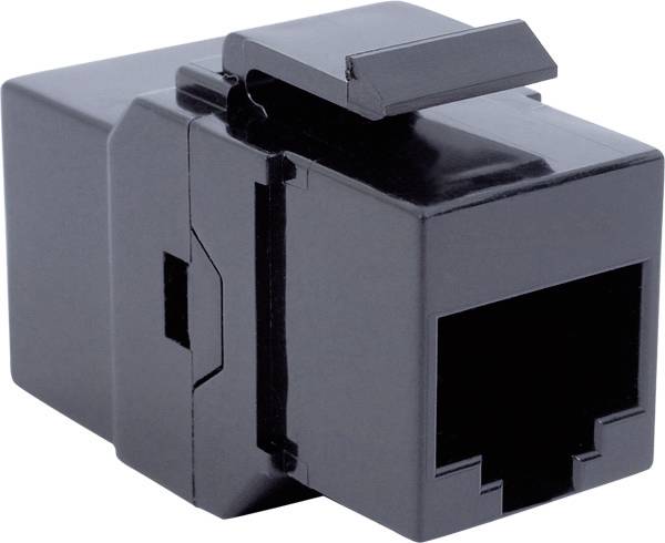 Schwarzer rechteckiger Kunststoff-Ethernet-Kabelstecker auf weißem Hintergrund.